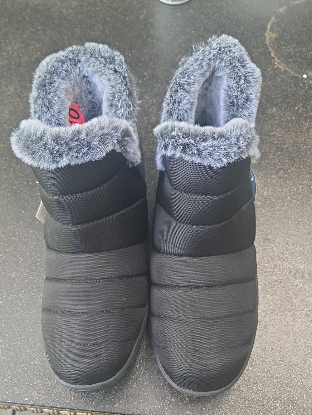 Minnetonka Black Ankle Booties with Gray Faux Fur Trim